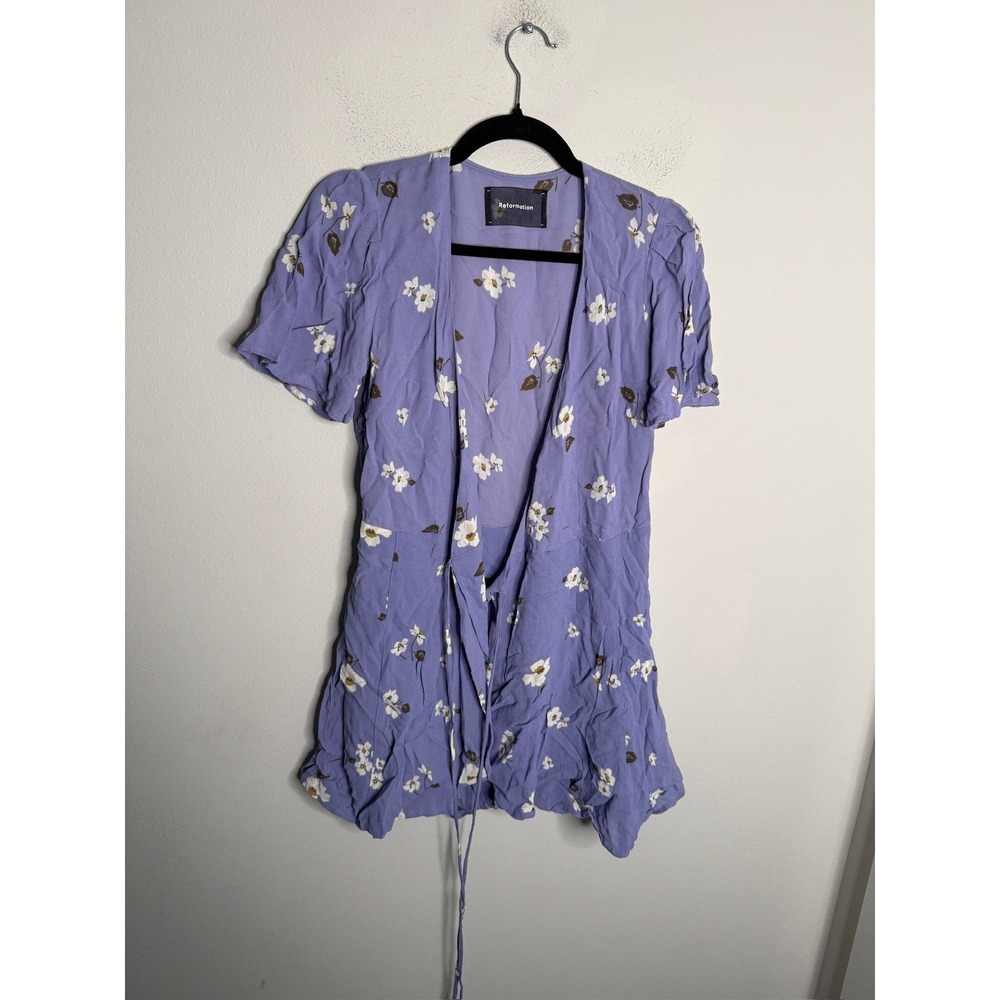 Reformation Adele Purple Floral Wrap Mini Dress Short Sleeve V-Neck Small - Picture 4 of 9